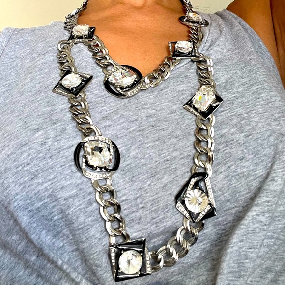 Vtg Oscar De La Renta Signed silver black rhinestone double necklace - Picture 2 of 12
